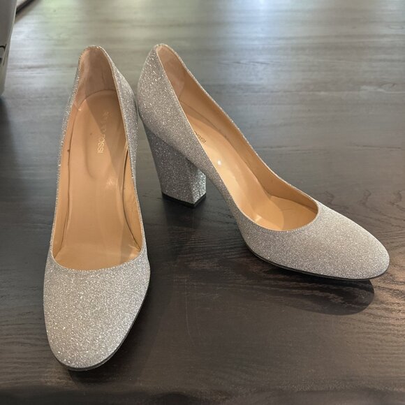 Sergio Rossi Shoes - Sergio Rossi Silver Glitter Block Heel Pumps